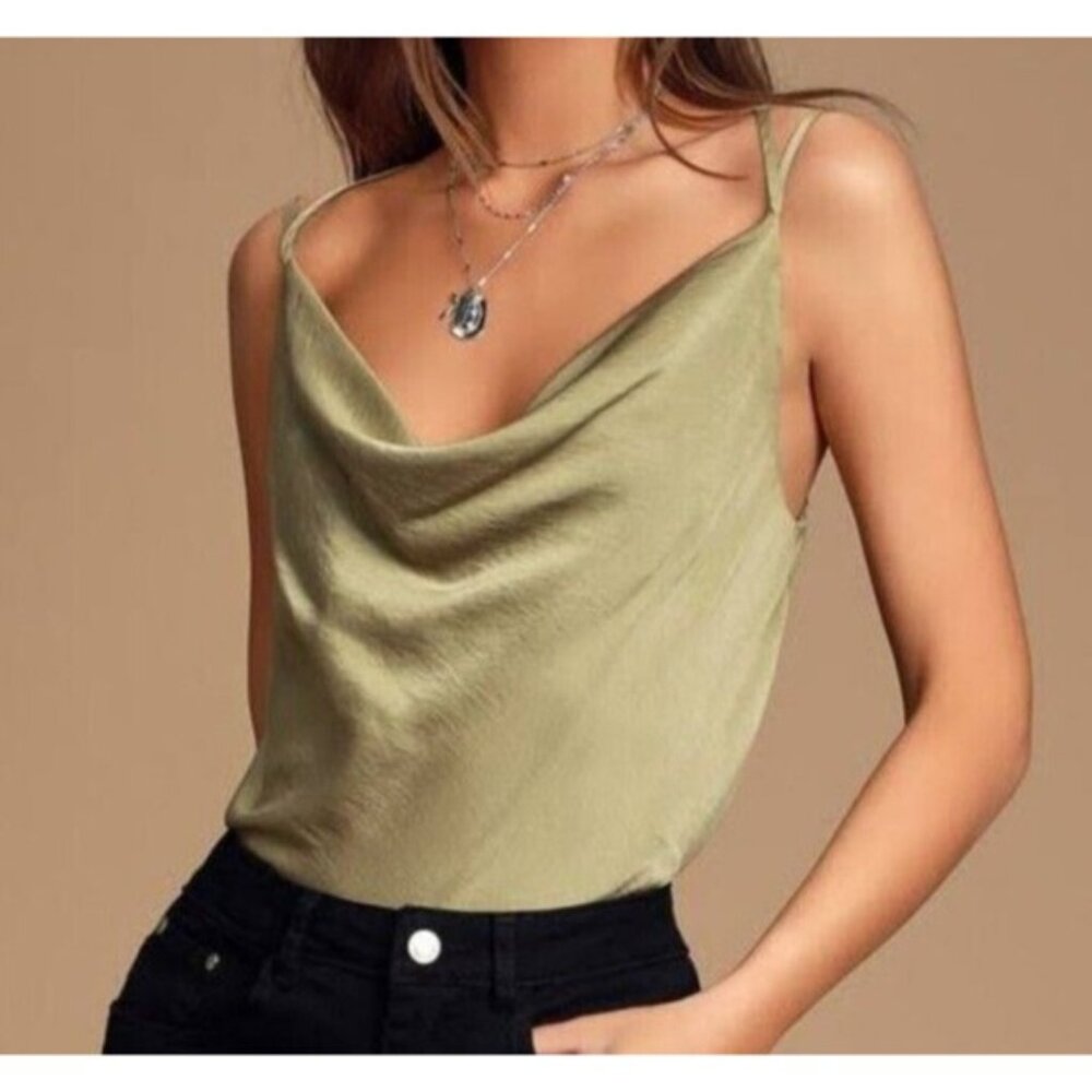 Lulus Women's Joslin Cowl Neck T Back Spaghetti Strap Tank Top Olive Green Sz XS
